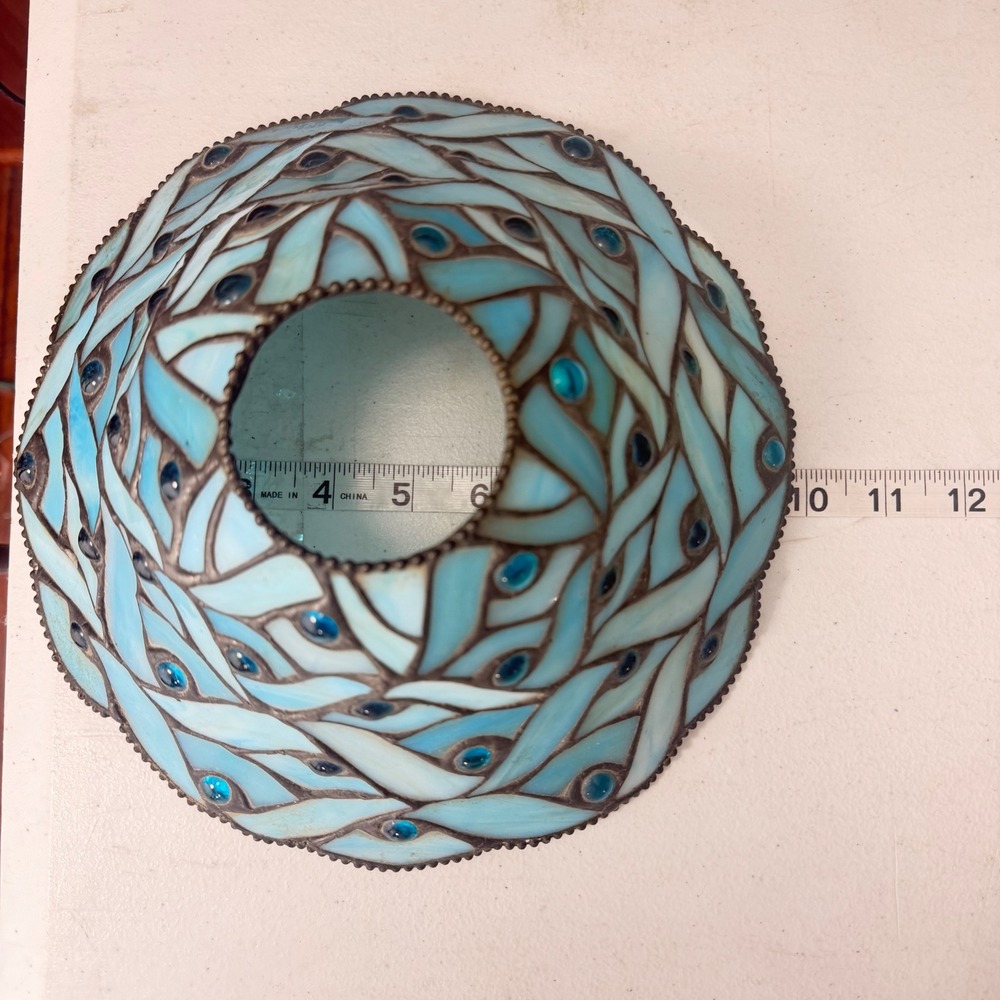 Tiffany Style Stained Glass 10"Leaded Lamp Shade Color Blue w Blue Faux Pearls - Picture 5 of 6